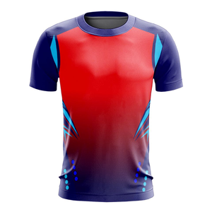 Maillot de football de performance pour hommes – Sublimation personnalisée, dégradé rouge et bleu, séchage rapide, évacuation de l'humidité, coupe athlétique. - Product Image 1