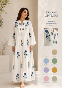 Robe maxi bohème à imprimé floral blanc, 100% coton, manches longues, respirante, décontractée, à porter au quotidien pour femmes - Product Image 2