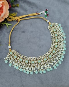Conjunto de collar de piedra con corte radiante y pendientes a juego, y mangtika, chapado en oro antiguo, joyería étnica de moda al por mayor - Product Image 5