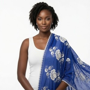 Women's Blue <b>Chiffon</b> Hijab Floral Embroidered Lightweight Breathable Summer Ethnic <b>Scarf</b> Daily Wear Wrap Elegant - Product Image 3