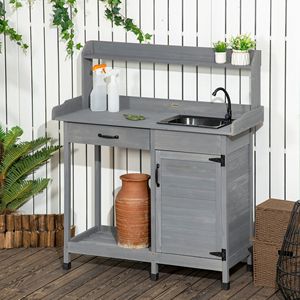 Tavolo da Lavoro Grigio per Esterni con Lavello, Rubinetto e Cassetto per Giardino, Patio e Serra - Product Image 2