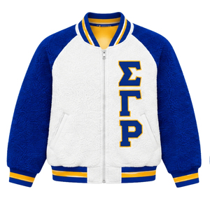 เสื้อโค้ทบอมเบอร์แบบกลับด้านได้สำหรับผู้หญิง Custom Sigma Gamma Rho ผ้าเชอร์ปา อุ่นสบาย ขนฟูสองด้าน เสื้อคลุมสำหรับชมรมนักศึกษากรีก รับผลิตแบบ OEM ODM - Product Image 1