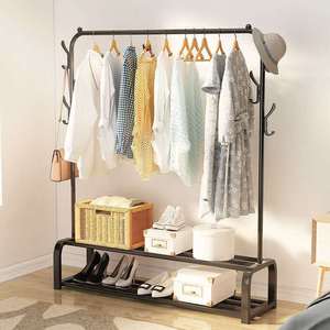 Moderno tendedero de ropa de acero inoxidable negro con un solo poste y organizador de ropa con estante para zapatos para sala de estar - Product Image 4