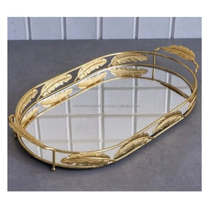 Oval Metal Decorative Trays Set Of 2 With Mirror Base And Handle Traditional Design For <b>Home</b> Decoration - Product Image 4