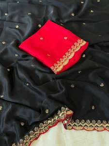 ผ้าซารีลายรังโกลีแบบหนา พร้อมงานปักเลื่อมหลากหลายสี ขอบผ้าลายฉลุ และเสื้อไหมปักเต็มตัว ไม่ยับ แห้งเร็ว เหมาะสำหรับงานปาร์ตี้ - Product Image 4