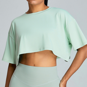 Custom Cotton Knitted Loose Fit <b>Crop</b> <b>Top</b> T-Shirt for Women White Baby Pink Athletic Gym - Product Image 4