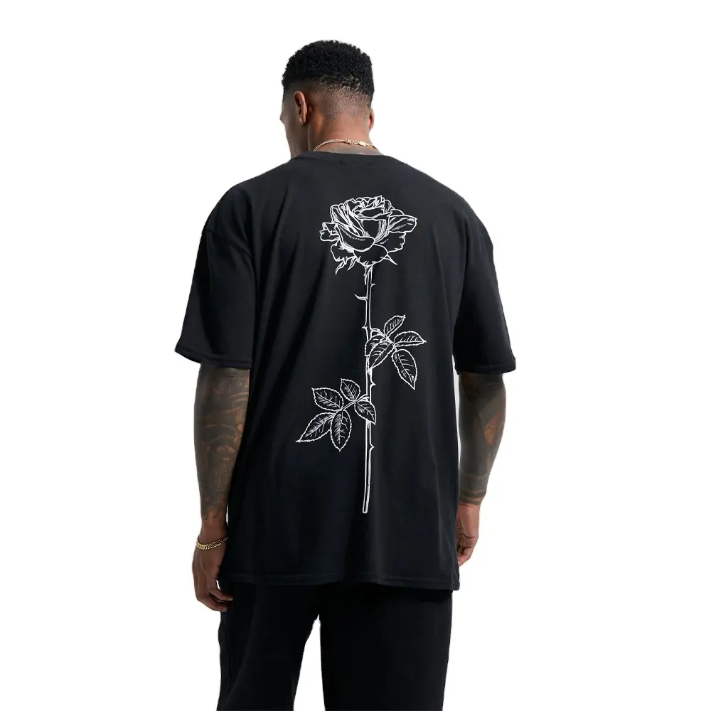 Line Drawn Rose Stem Print T-shirt Crew Neck Vintage Washed Cotton Short Sleeve French Terry oversized heavyweight t-shirt