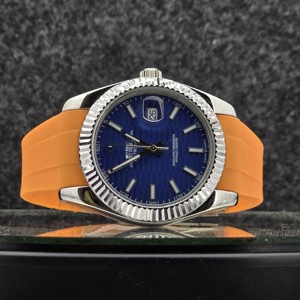 Luxury <b>Men's</b> Automatic <b>Watch</b> 904L Stainless Steel Fluted Bezel <b>Blue</b> Dial Orange Rubber Strap Business Mechanical Wristwatch 41mm - Product Image 5