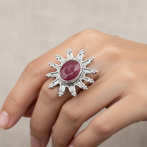 แหวนพลอยสีชมพูธรรมชาติทรงซันเบิร์สต์ เงินแท้ 925 แหวนทำมือสไตล์วินเทจโบโฮ ของขวัญสำหรับผู้หญิง ของขวัญคริสต์มาส - Product Image 6