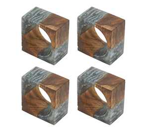 Anneaux de serviette élégants en résine et bois, forme carrée, 4 pièces, artisanat, couleur résine grise, anneau de serviette en bois - Product Image 1