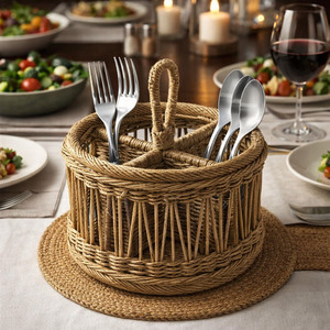 Portautensilios multifunción de bambú tejido con asa, organizador de vajilla para encimera de cocina o mesa de comedor. - Product Image 2