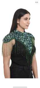 Top Corsé Verde con Pedrería, Top Corto de Malla con Cuentas Plateadas, Blusa Transparente de Cuello Alto para Fiesta, Corsé Negro Adornado - Product Image 5