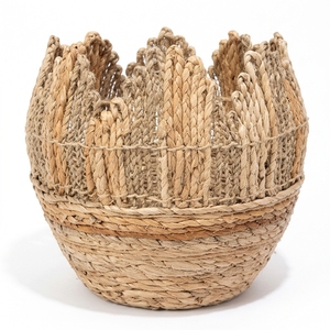 Natural Fiber Storage Baskets Crown Woven Bin Handcrafted Laundry <b>Hamper</b> Balinese Artisan Petal Organizer Boho Rustic Home Decor - Product Image 1