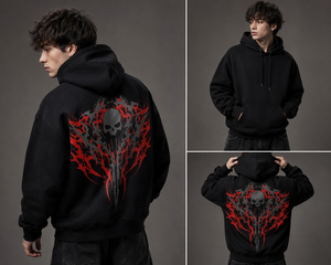 Sweat à capuche gothique pour homme, noir et rouge, imprimé crâne et flammes au dos, coupe classique, en polyester French Terry, idéal pour l'automne - Product Image 4