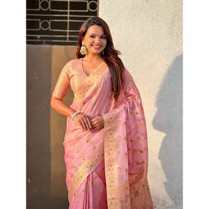 Sari de Seda Kora Premium Elite Weaves con Bordado Meenakari y Zari, con Blusa de Brocado y Pallu Elegante para Bodas Indias/Pakistaníes - Product Image 5