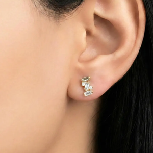 Baguette & Round Lab Grown Diamond <b>Stud</b> Earrings Cluster <b>Stud</b> Earrings 10K 14K 18K Solid Yellow Gold Minimalist Wedding Earrings - Product Image 6