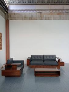 Modern Teak Wood <b>Sofa</b> <b>Set</b> with Integrated Side Drawers and Charcoal Leather - Product Image 2