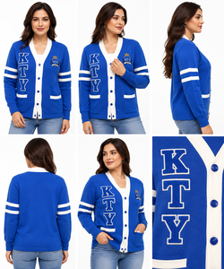 เสื้อคาร์ดิแกนถักไหมพรมคอวีสีน้ำเงินสำหรับผู้หญิง พร้อมลายปักตัวอักษร KTY และแขนเสื้อลายทาง สไตล์ Preppy สำหรับใส่ในฤดูใบไม้ร่วง - Product Image 2