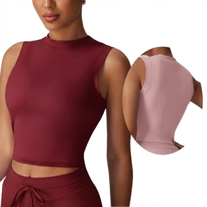 Women Solid Color <b>Mock</b> <b>Neck</b> Sleeveless Crop <b>Top</b> Tank <b>Top</b> Yoga <b>Top</b> Breathable Seamless Fit Regular Style Spandex Polyester - Product Image 6