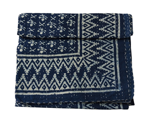 Silkgram Traditional <b>Hand</b> Block Cotton Kantha Quilt Floral Pattern Blue Folded Eco-Friendly All-Season Home Decor - Product Image 1