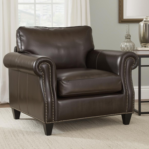 Fauteuil en cuir véritable classique avec accoudoirs roulés et garniture cloutée, canapé individuel confortable pour salon et chambre à coucher - Product Image 1