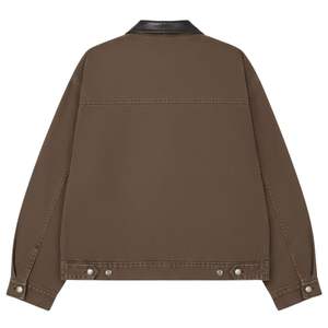 Blouson matelassé en twill lavé pour homme, veste légère zippée avec col en cuir, veste d'extérieur tendance en marron - Product Image 2