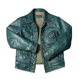 Blouson de moto en cuir véritable vert pour homme, col montant, fermeture éclair, coupe classique, idéal pour l'hiver, logo frontal apparent - Product Image 1