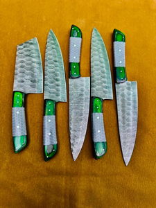 Juego de Cuchillos de Acero de Damasco Hechos a Mano, 5 Piezas, Mango de Madera Verde, Cuchillos de Chef Afilados, Ambidiestros, 67 Capas de Acero de Damasco - Product Image 2