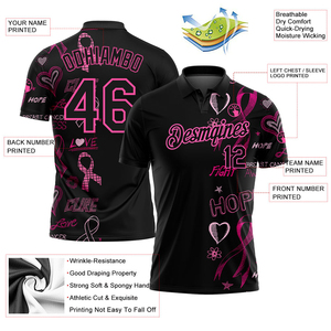 Camiseta de Golf de Manga Corta para Hombre, Personalizada, de Alta Calidad, con Estampado 3D en Negro y Rosa, con Botones al Frente y Bolsillo, de Secado Rápido - Product Image 3