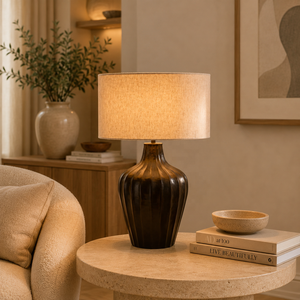Fluted Urn Metal Table <b>Lamp</b> with Sculpted Iron Base Premium Fabric Shade Warm Ambient Lighting for Timeless Interiors - Product Image 3