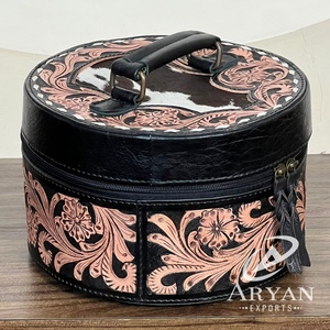 Boîte à bijoux ronde en cuir de vachette véritable, entièrement travaillée à la main, avec embossage floral, style vintage, durable, pour le rangement des bijoux - Product Image 1