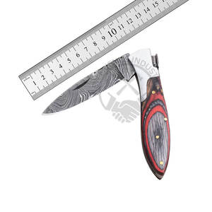Cuchillo plegable Damasco hecho a mano, personalizado, de primera marca, con mango de madera Pakka roja y gris, el mejor cuchillo de bolsillo, cuchillo de caza para exteriores. - Product Image 1