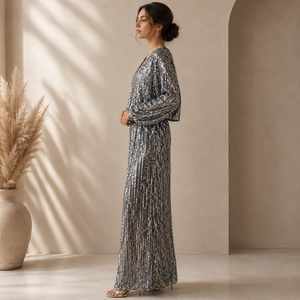 Women Silver <b>Sequin</b> Maxi Dress V Neck Long Sleeve Sparkle Evening Gown Elegant Party Cocktail Wedding Formal Prom Luxury Fashion - Product Image 2