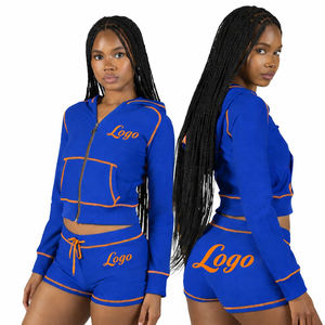 Conjunto de dos piezas de punto gofrado para mujer, con sudadera corta con cremallera y pantalones cortos de cintura alta. - Product Image 1