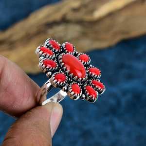 Wholesale Handmade 925 Sterling Silver Red Coral Cluster <b>Ring</b> Opaque Gemstone Flower <b>Statement</b> <b>Rings</b> For Women Bulk Jewelry - Product Image 4