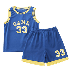 Ensemble de maillot de basket ODM bleu et jaune en mesh sans manches avec short pour garçons et enfants, respirant et confortable - Product Image 1
