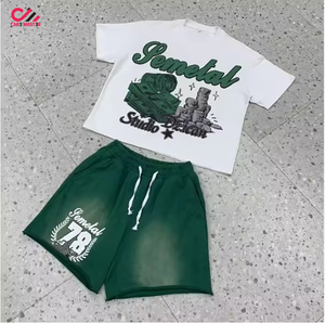 ชุดเสื้อยืดและกางเกงขาสั้นลำลองผ้าฝ้ายสำหรับผู้ชาย สีเขียวขาว พิมพ์ลาย ชุดฤดูร้อน ระบายอากาศได้ดี ทรงหลวม - Product Image 5