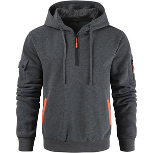Sweat-shirt à capuche mi-zippé bleu marine pour homme, coupe classique, couleur unie, pull décontracté avec poches, matière polyester tricotée - Product Image 5