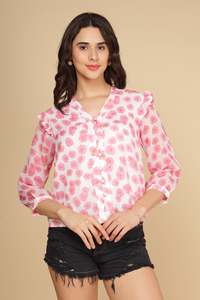 Off-The-Shoulder Ruffle Chiffon Top <b>Tropical</b> Print Short Sleeve Loose Fit Casual Summer Women's Breathable Top - Product Image 3