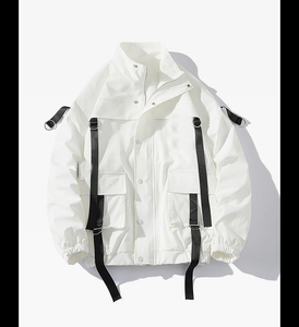 <b>Men</b> <b>White</b> Hard Shell <b>Jacket</b> Oversized Fit Stand Collar Button Closure With Pockets Water Resistant All Seasons Outdoor Wear - Product Image 1