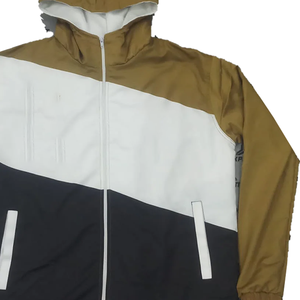 Coupe-vent unisexe à capuche avec fermeture éclair intégrale, panneaux color block géométriques blanc, noir, or, grande taille, imperméable, style urbain et extérieur - Product Image 3