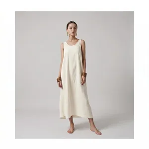 Premium Ivory Plain Cotton Midi <b>Dress</b> With Sleeveless <b>Loose</b> Fit Boho Style Summer Casual <b>Dress</b> For Women - Product Image 1