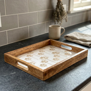 Plateau de service en bois floral élégant Beau motif de fleur de lotus Surface durable Cadre en bois naturel Décoratif polyvalent - Product Image 1