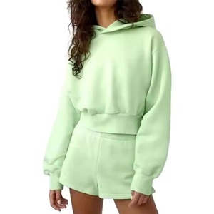Ensemble sweat-shirt à capuche et short en molleton pour femme, 2 pièces, couleur unie, coupe ample, tenue décontractée d'automne avec poches, 100% coton - Product Image 3