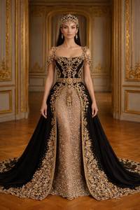 Elegant <b>Black</b> Gold Embroidered Floor-Length <b>dress</b> with jacket Wedding <b>Dress</b> For Women Indian <b>Pakistani</b> Style Silk Formal Gown - Product Image 3