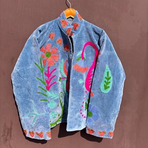 <b>Women's</b> Red <b>Velvet</b> Embroidered Floral <b>Jacket</b> Boho Mandarin Collar Coats <b>Women</b> Boho <b>Jacket</b> <b>Women</b> Mandarin Collar Red <b>Velvet</b> - Product Image 3