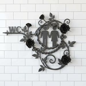 Panneau WC en fer forgé au design industriel, indicateur mural floral pour salle de bain avec forme de fleur, support mural métallique pour intérieur de centre commercial - Product Image 3