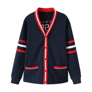 Cardigan en molleton de haute qualité pour homme, col en V, bleu marine, avec bordure rouge et blanche, manches longues, fermeture boutonnée, vêtement d'automne - Product Image 3