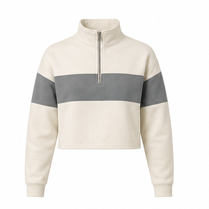 Customize Pearl Grey <b>Womens</b> Modern <b>Half</b> <b>Zip</b> Cropped <b>Sweatshirt</b> Two Tone Organic Cotton - Product Image 3