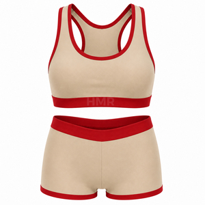 HMR Sisterhood Sorority 2 Piece Yoga Set Beige <b>Red</b> Contrast Binding Racerback <b>Crop</b> <b>Top</b> High Waist Shorts Seamless - Product Image 5